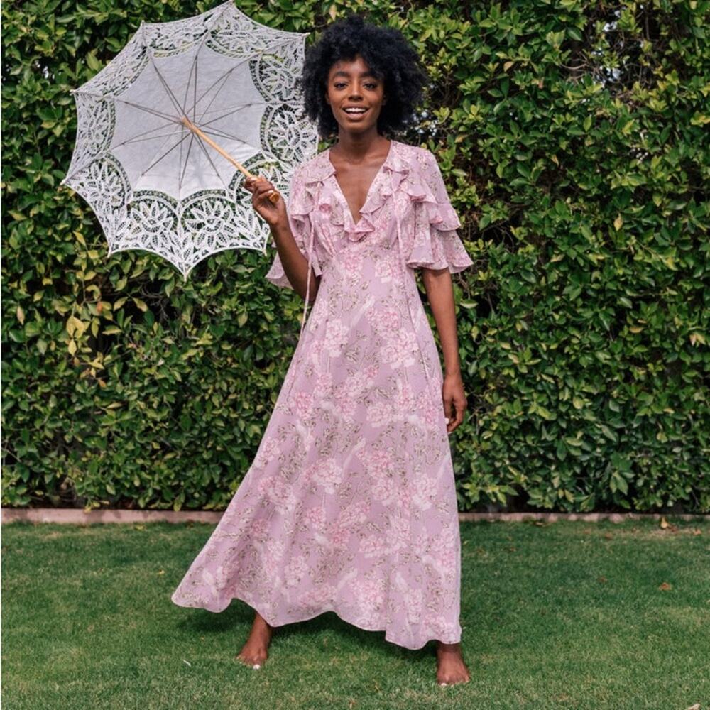 Gal Meet Glam Shelby Pink Floral Bird Ruffle Sleeve Tie Maxi Dress Size 0